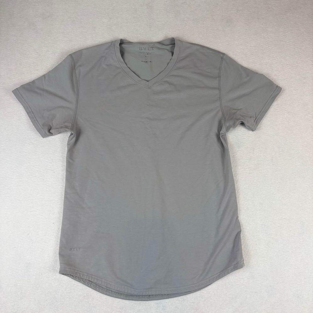 BYLT Basics Drop Cut V-Neck Lux Grey Short Sleeve T-Shirt Size Large Curved Hem